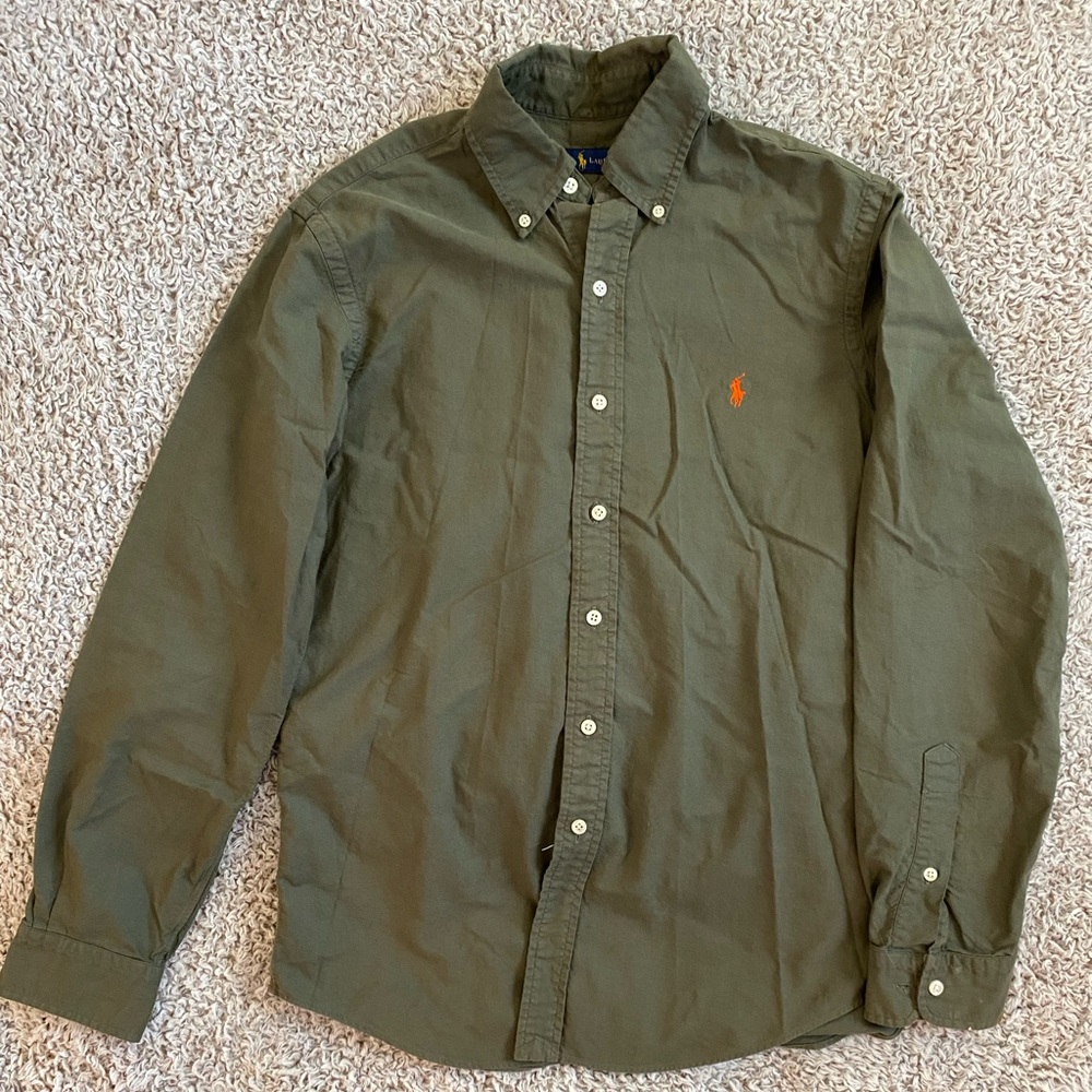 Like new Ralph Lauren button down, green with orange logo